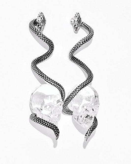 Gem Skull Earrings of Quartz Rock Crystal Carved Skull with 925 Sterling Silver Snake