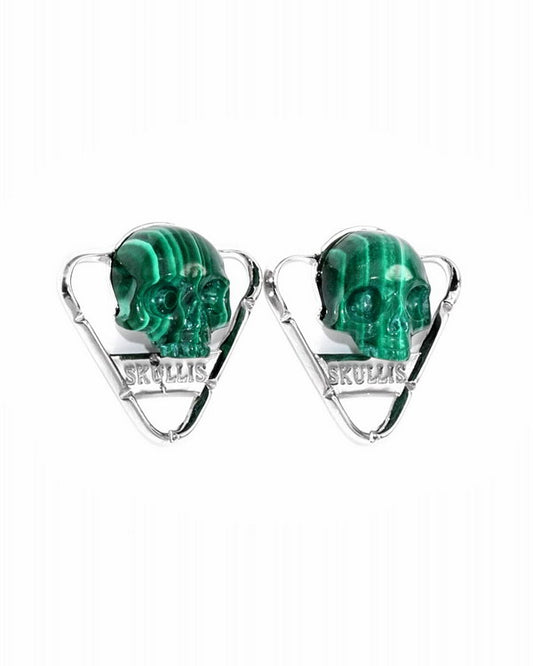 Skull Earrings of Malachite Carved Skull in 925 Sterling Silver