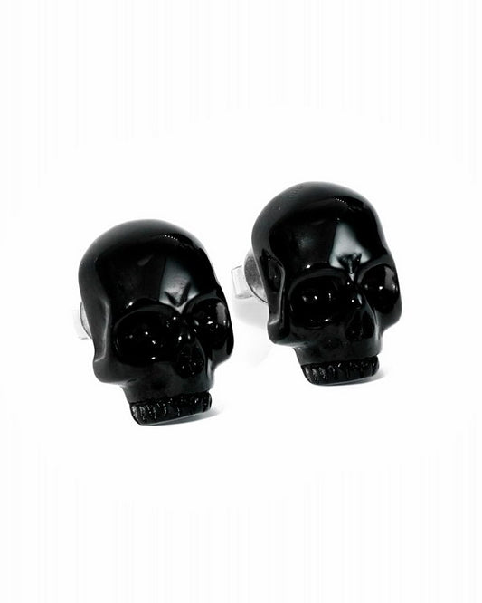 Gem Skull Earrings of Black Obsidian Carved Skull in 925 Sterling Silver