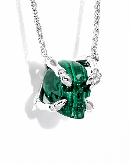 Gem Skull Pendant Necklace of Malachite Carved Skull with Sterling Sterling Silver Finger Bones