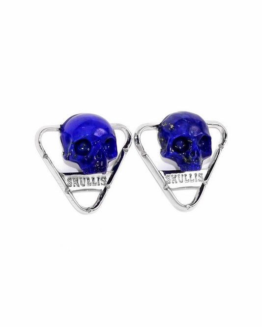 Gem Skull Earrings of Lapis Lazuli Carved Skull in 925 Sterling Silver