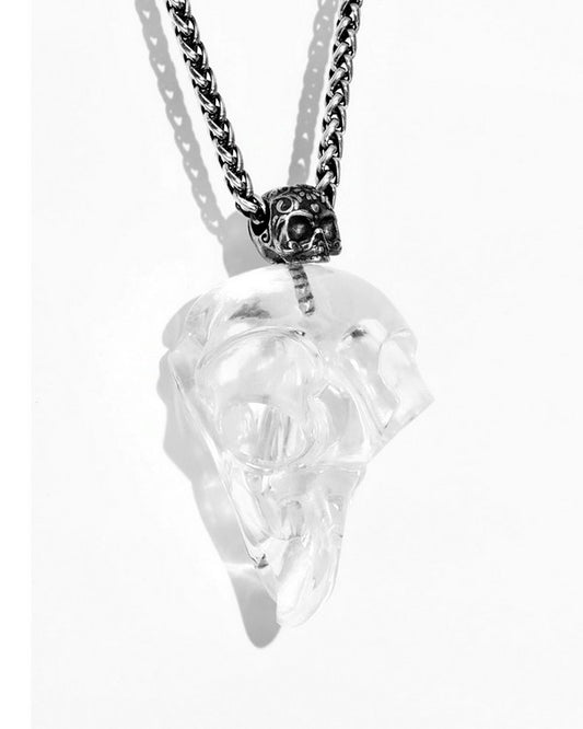 Gem Owl Skull Pendant Necklace of Quartz Rock Crystal Carved Owl Skull with Sterling Silver Skull