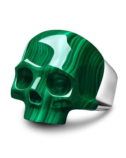 Skullis Signature Malachite Gem Skull Ring, Hand Carved, Sterling Silver, for Women & Men