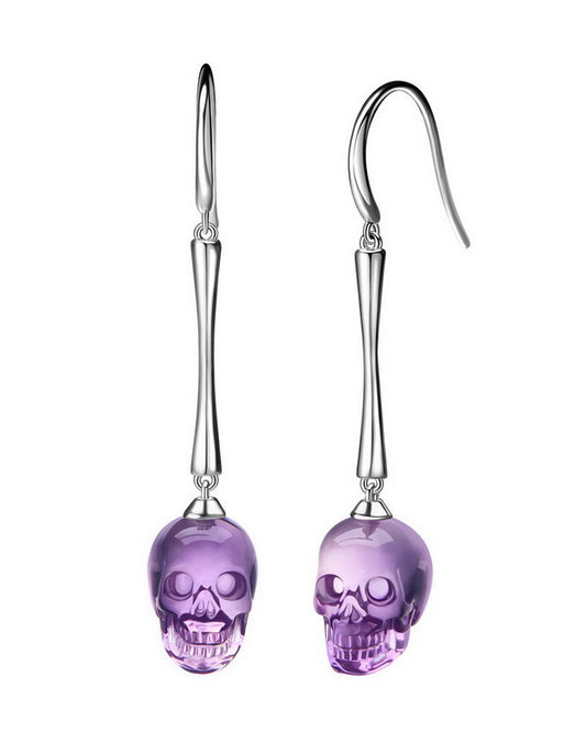 Gem Skull Earrings of Amethyst Carved Skull, 925 Sterling Silver