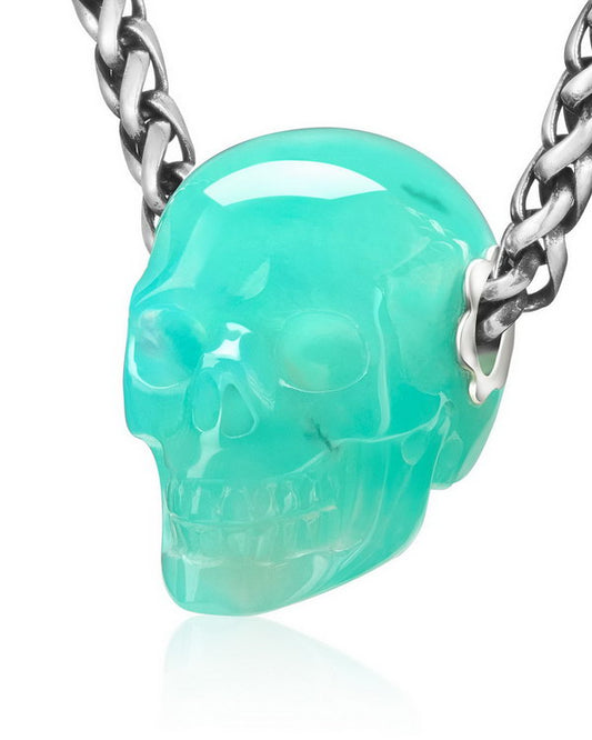 Skullis Signature Chrysoprase Gem Skull Pendant or Necklace, Hand Carved, Sterling Silver 925 Chain, for Women & Men