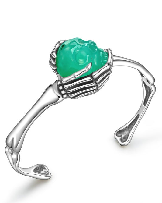 Gem Skull Bracelet of Chrysoprase Carved Skull in 925 Sterling Silver