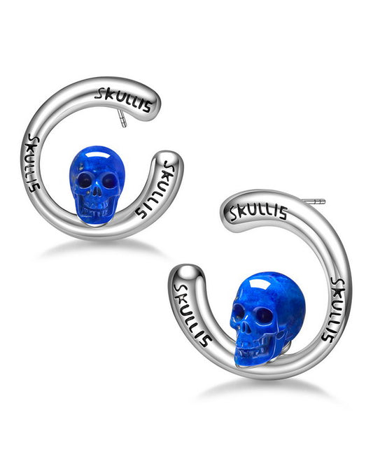 Gem Skull Earrings of Lapis Lazuli Carved Skull in 925 Sterling Silver