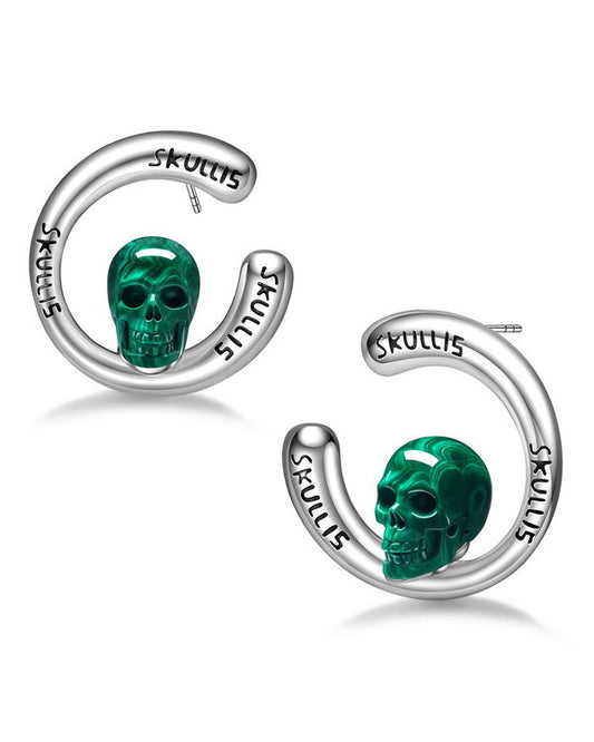 Gem Skull Earrings of Malachite Carved Skull in 925 Sterling Silver