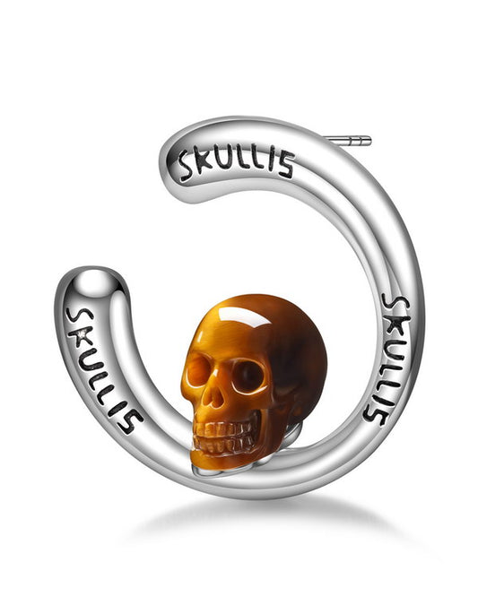 Gem Skull Earrings of Gold Tiger's Eye Carved Skull in 925 Sterling Silver