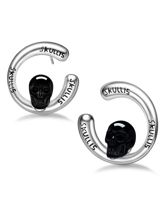 Gem Skull Earrings of Black Obsidian Carved Skull in 925 Sterling Silver