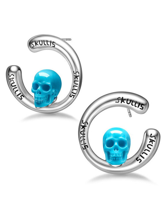 Gem Skull Earrings of Peruvian Turquoise Carved Skull in 925 Sterling Silver