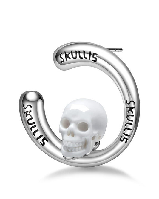 Gem Skull Earrings of White Jasper Carved Skull in 925 Sterling Silver