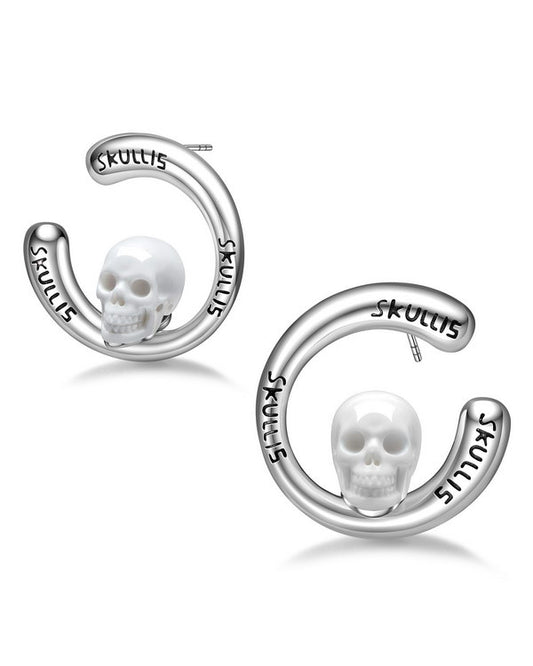 Gem Skull Earrings of White Jasper Carved Skull in 925 Sterling Silver