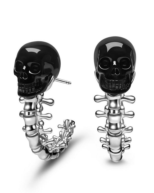 Gem Skull Earrings of Black Obsidian Carved Skull with 925 Sterling Silver Spines