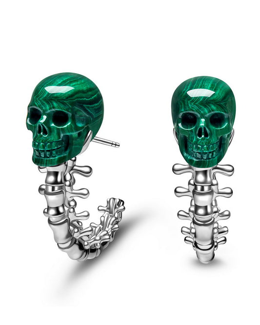 Gem Skull Earrings of Malachite Carved Skull with 925 Sterling Silver Spines