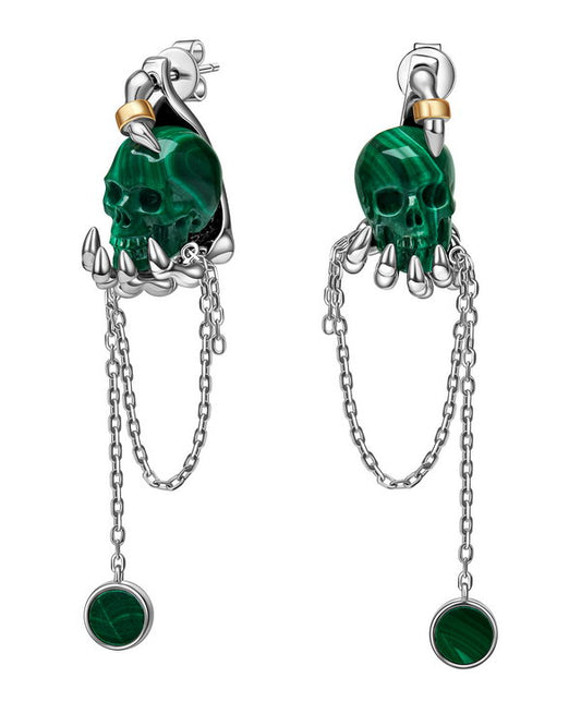 Gem Skull Earrings of Malachite Carved Skull with 925 Sterling Silver Hand Bones