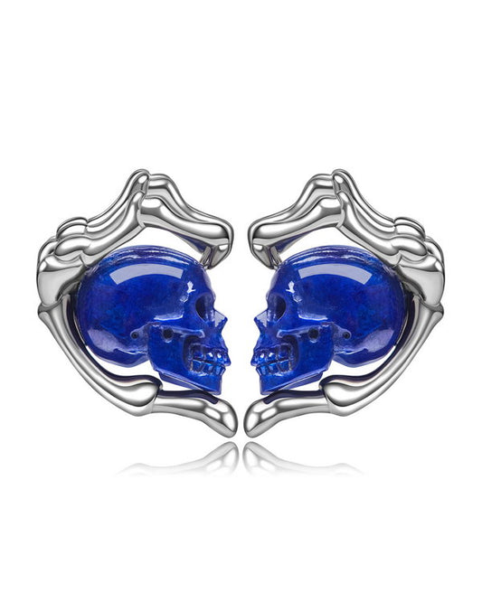 Gem Skull Earrings of Lapis Lazuli Carved Skull with 925 Sterling Silver Hand Bones