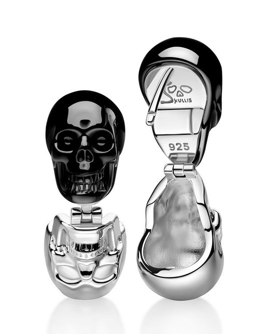 Gem Skull Earrings of Black Obsidian Carved Skull & 925 Sterling Silver Skull