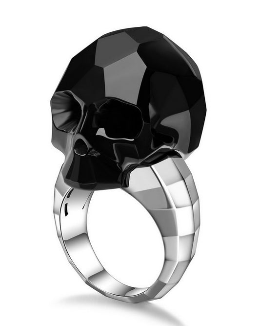 Gem Skull Ring of Black Obsidian Carved Faceted Skull in 925 Sterling Silver