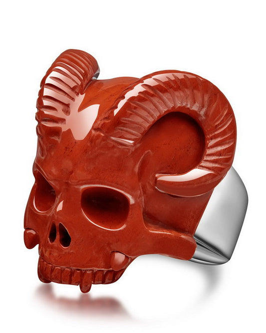 Gem Skull Ring of Red Jasper Carved Beast Skull with 925 Sterling Silver