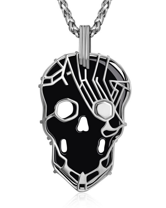 Gem Skull Pendant Necklace of Black Obsidian Carved Skull with 925 Sterling Silver