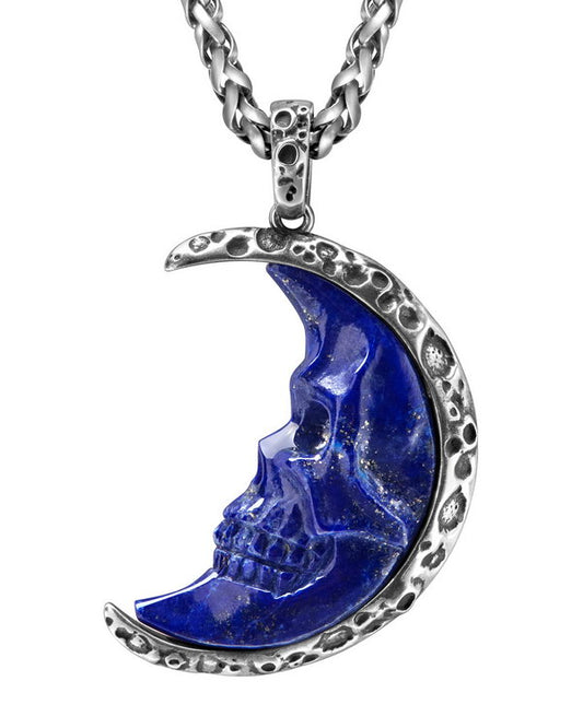 Gem Skull Pendant Necklace of Lapis Lazuli Carved Moon Skull with 925 Sterling Silver