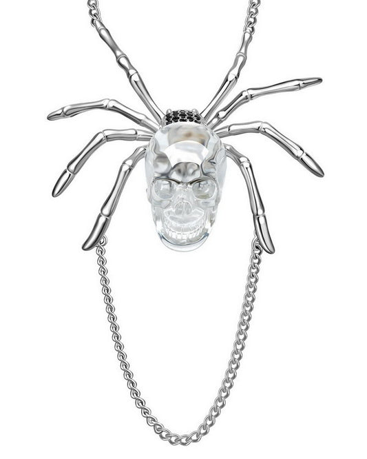Gem Skull Pendant Necklace of Quartz Rock Crystal Carved Skull with 925 Sterling Silver Spider