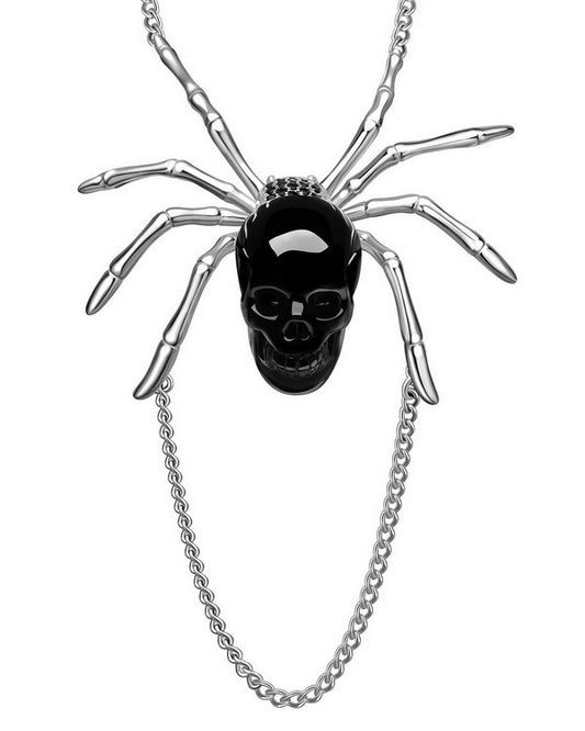 Gem Skull Pendant Necklace of Black Obsidian Carved Skull with 925 Sterling Silver Spider