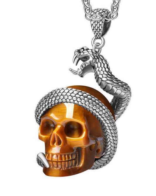 Gem Skull Pendant Necklace of  Gold Tiger's Eye Crystal Carved Skull with 925 Sterling Silver Snake