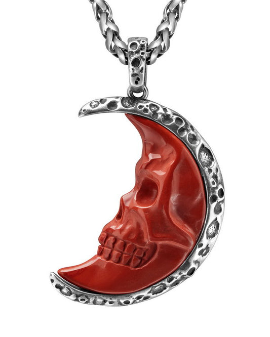 Gem Skull Pendant Necklace of Red Jasper Carved Moon Skull with 925 Sterling Silver