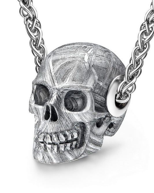 Skullis Signature Sweden Meteorite Gem Skull Pendant or Necklace, Hand Carved, Sterling Silver 925 Chain, for Women & Men
