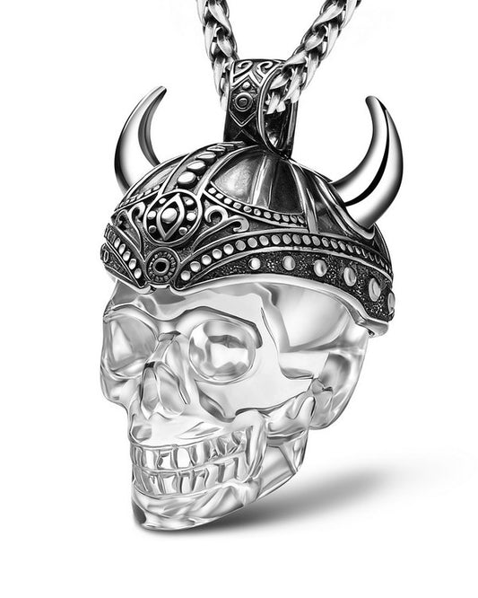 Gem Skull Pendant Necklace of Quartz Rock Crystal Carved Skull & 925 Sterling Silver Horned Helmet
