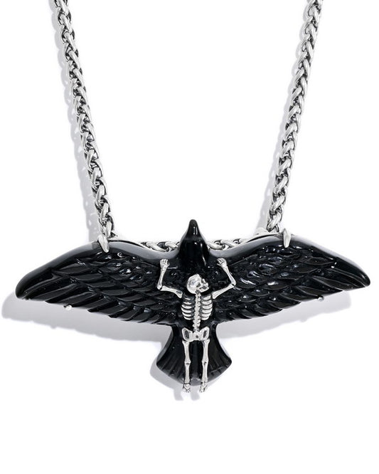 Gem Skull Pendant Necklace of Black Obsidian Carved Eagle & 925 Sterling Silver Skeleton Frame