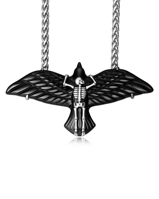 Gem Skull Pendant Necklace of Black Obsidian Carved Eagle & 925 Sterling Silver Skeleton Frame