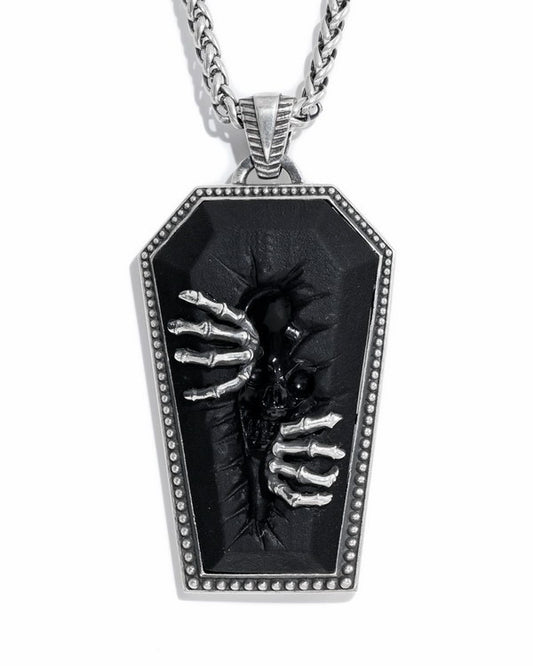 Gem Skull Pendant Necklace of Black Obsidian Carved Skull & 925 Sterling Silver Pharaoh’s Coffin