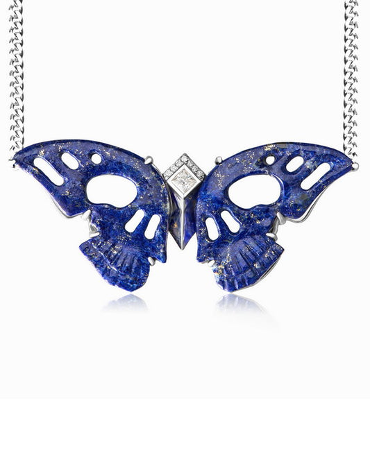 Gem Skull Pendant Necklace of Lapis Lazuli Carved Butterfly Wing-shaped Skull