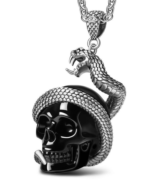 Gem Skull Pendant Necklace of Black Obsidian Carved Skull with 925 Sterling Silver Snake