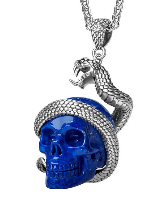 Gem Skull Pendant Necklace of Lapis Lazuli Carved Skull with 925 Sterling Silver Snake