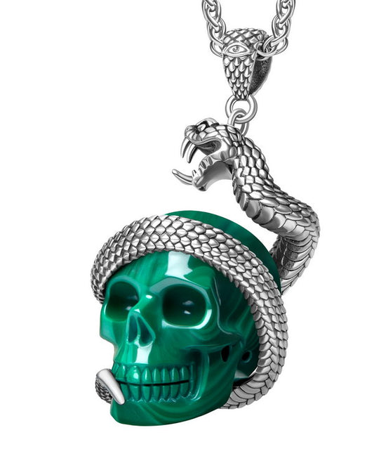 Gem Skull Pendant Necklace of Malachite Carved Skull with 925 Sterling Silver Snake