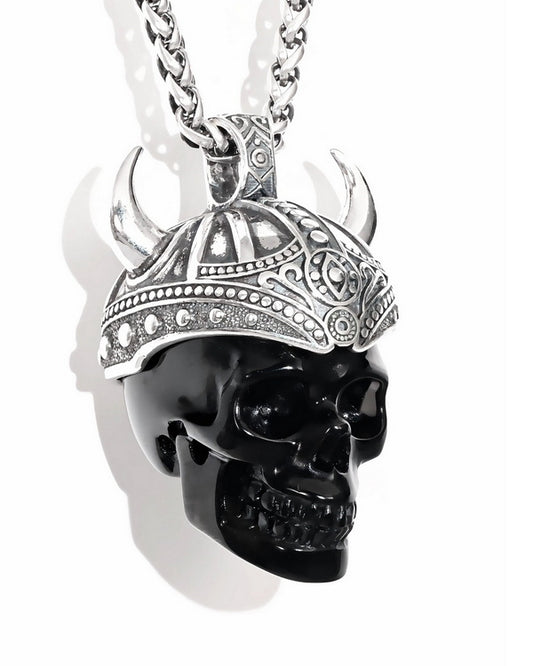 Gem Skull Pendant Necklace of Black Obsidian Carved Skull & 925 Sterling Silver Horned Helmet