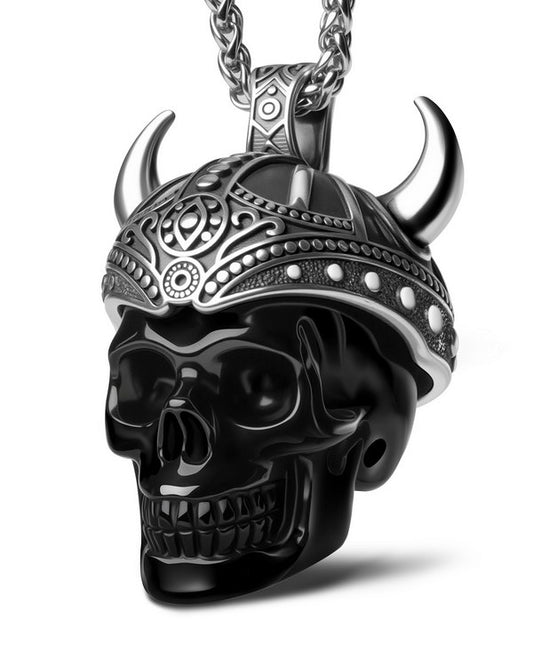 Gem Skull Pendant Necklace of Black Obsidian Carved Skull & 925 Sterling Silver Horned Helmet