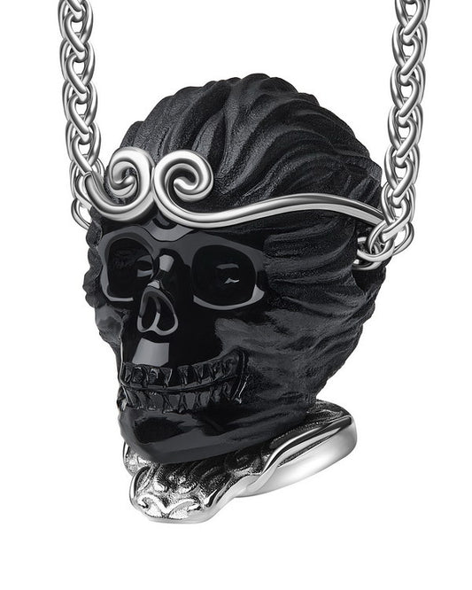 Gem Skull Pendant Necklace of Black Obsidian Carved Monkey King Wukong Skull & 925 Sterling Silver