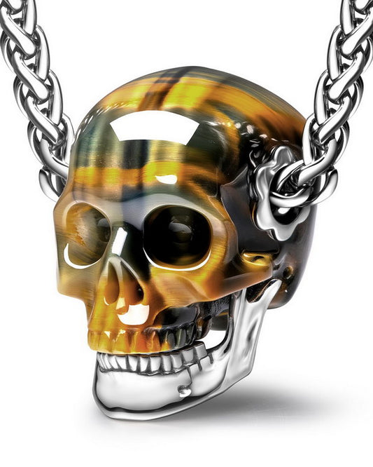 Gem Skull Pendant Necklace of Blue & Gold Tiger's Eye Carved Skull with Detachable Silver Jaw in 925 Sterling Silver