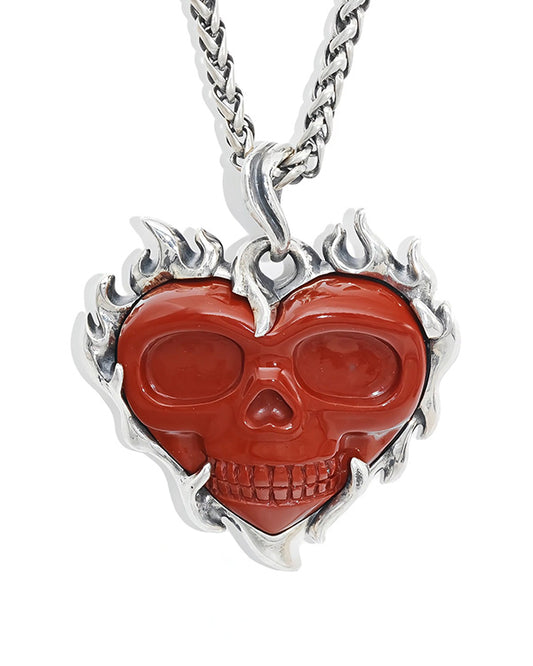 Gem Skull Pendant Necklace of Red Jasper Carved Heart Skull with 925 Sterling Silver