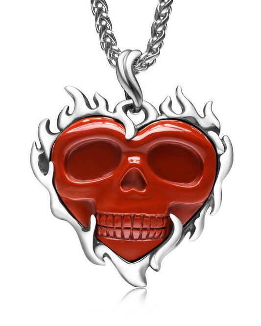 Gem Skull Pendant Necklace of Red Jasper Carved Heart Skull with 925 Sterling Silver