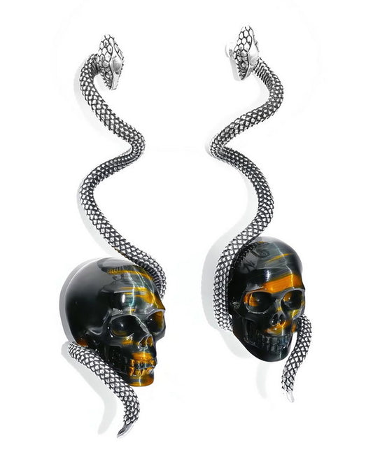 Gem Skull Earrings of Blue & Gold Tiger's Eye Carved Skull with 925 Sterling Silver Snake