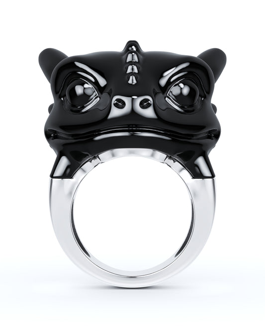 Gem Skull Ring of Black Obsidian Carved Toothless Dragon with 925 Sterling Silver