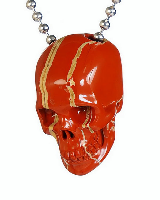 Gem Skull Pendant Necklace of Red Jasper Carved Hollow Skull with 925 Silver Chain - S0001807