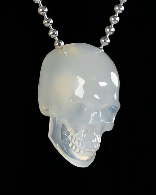 Gem Skull Pendant Necklace of Milky Agate Carved Hollow Skull with 925 Silver Chain - S0001809
