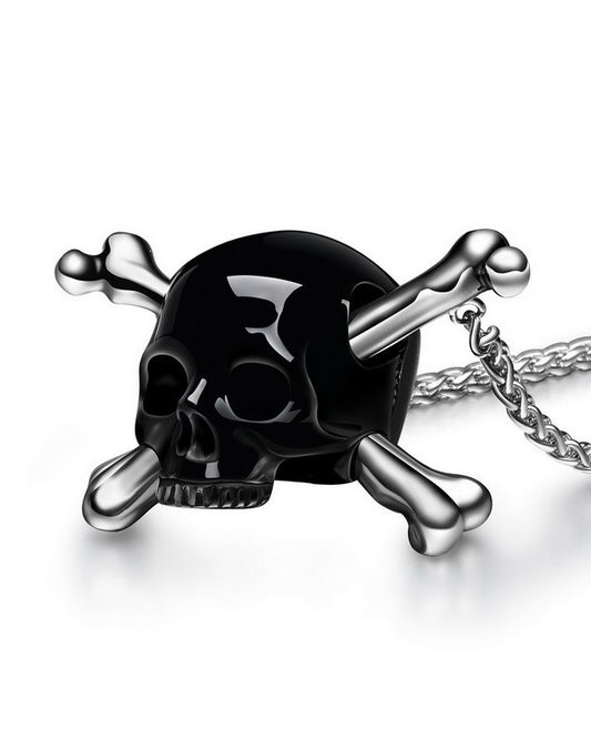 Gem Skull Pendant Necklace of Black Obsidian Skull Carved with Double Bones in Sterling Silver